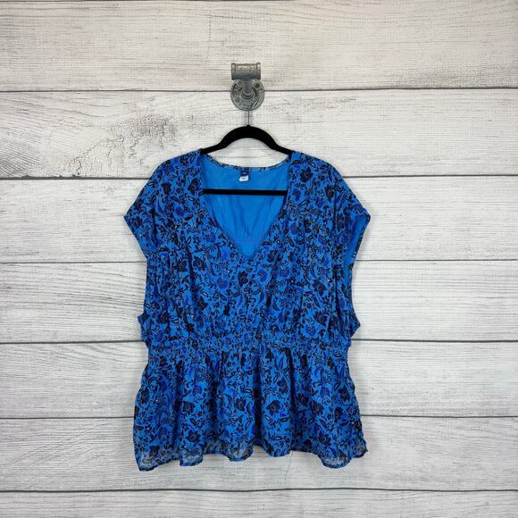 Old Navy Plus Size Blue Floral Printed V-Neck Waisted Blouse Size XXL - Picture 1 of 7